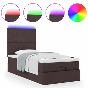 Pouf Letto con Materasso e LED Marrone Scuro 90x200 cm Tessuto
