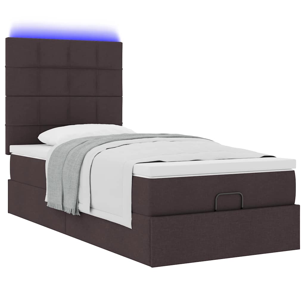 Pouf Letto con Materasso e LED Marrone Scuro 90x200 cm Tessuto