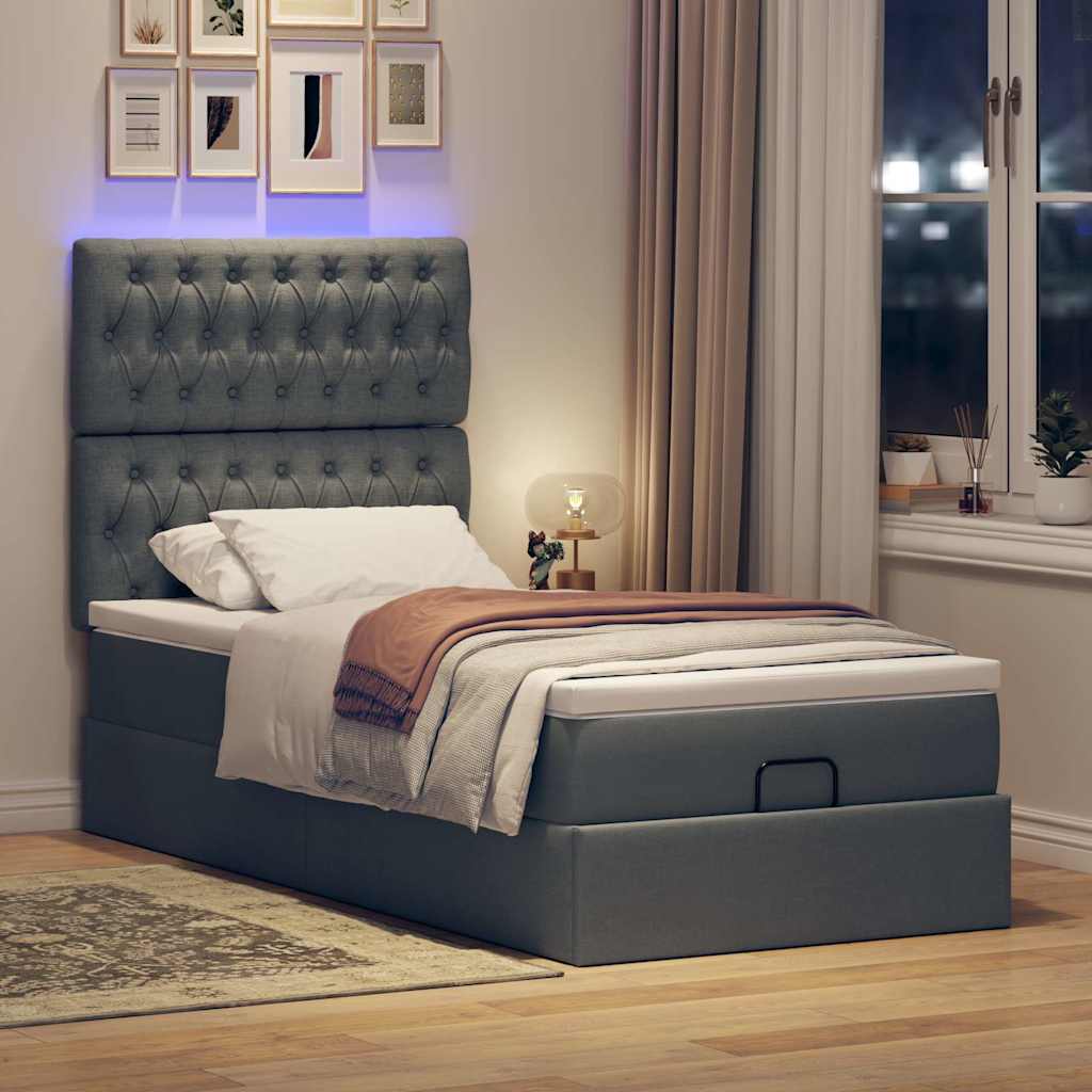 Pouf Letto con Materasso e LED Grigio Scuro 80x200cm in Tessuto