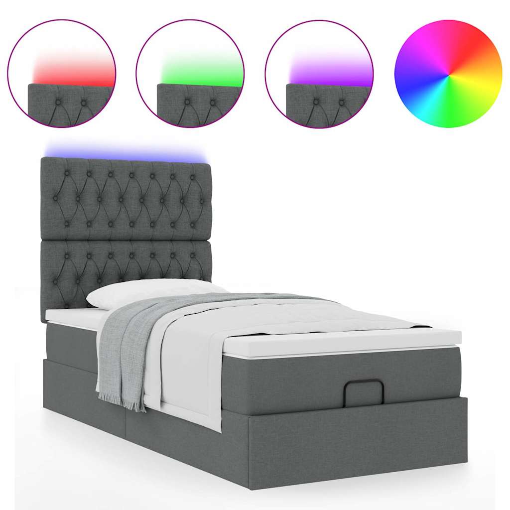 Pouf Letto con Materasso e LED Grigio Scuro 80x200cm in Tessuto