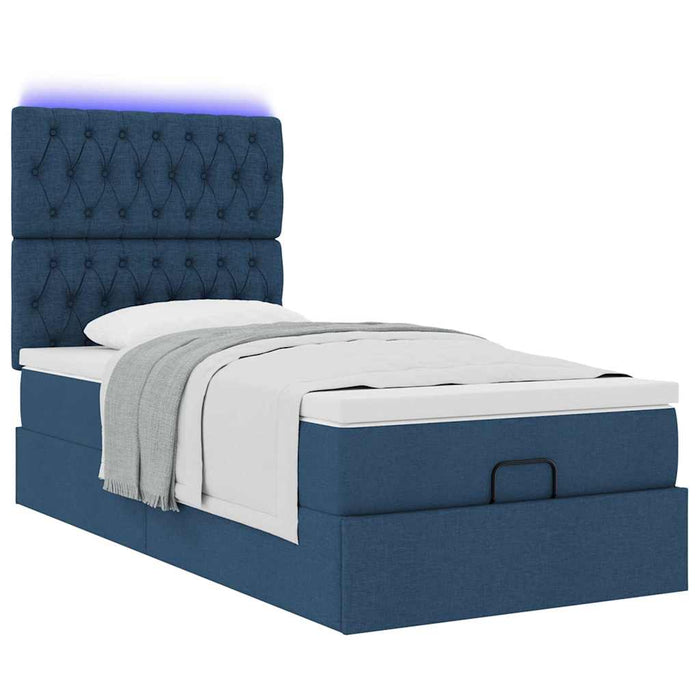 Pouf Letto con Materasso e LED Blu 90x200 cm in Tessuto