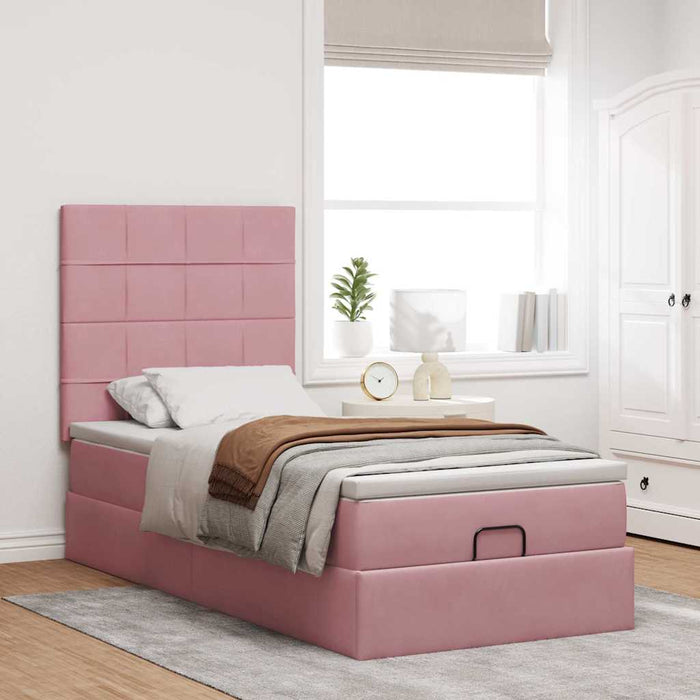 Struttura Letto Pouf con Materassi Rosa 90x200 cm in Velluto