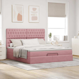 Struttura Letto Pouf con Materassi Rosa 160x200 cm Velluto