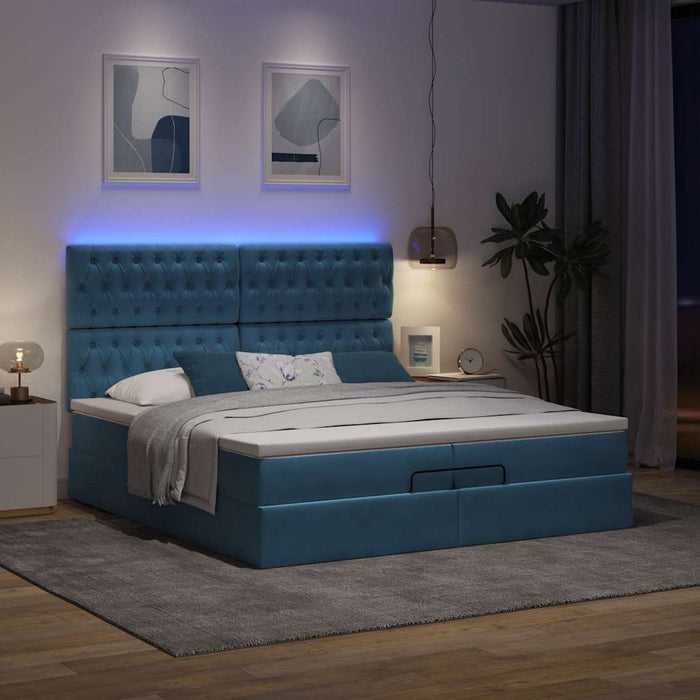 Pouf Letto con Materassi e LED Blu Scuro 200x200cm Velluto