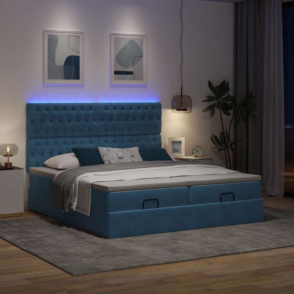 vidaXL Pouf Letto con Materassi e LED Blu Scuro 200x200cm Velluto
