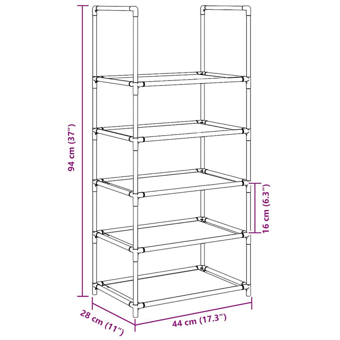Scarpiera 5 Ripiani Nera 44x28x94 cm in Tessuto Non Tessuto