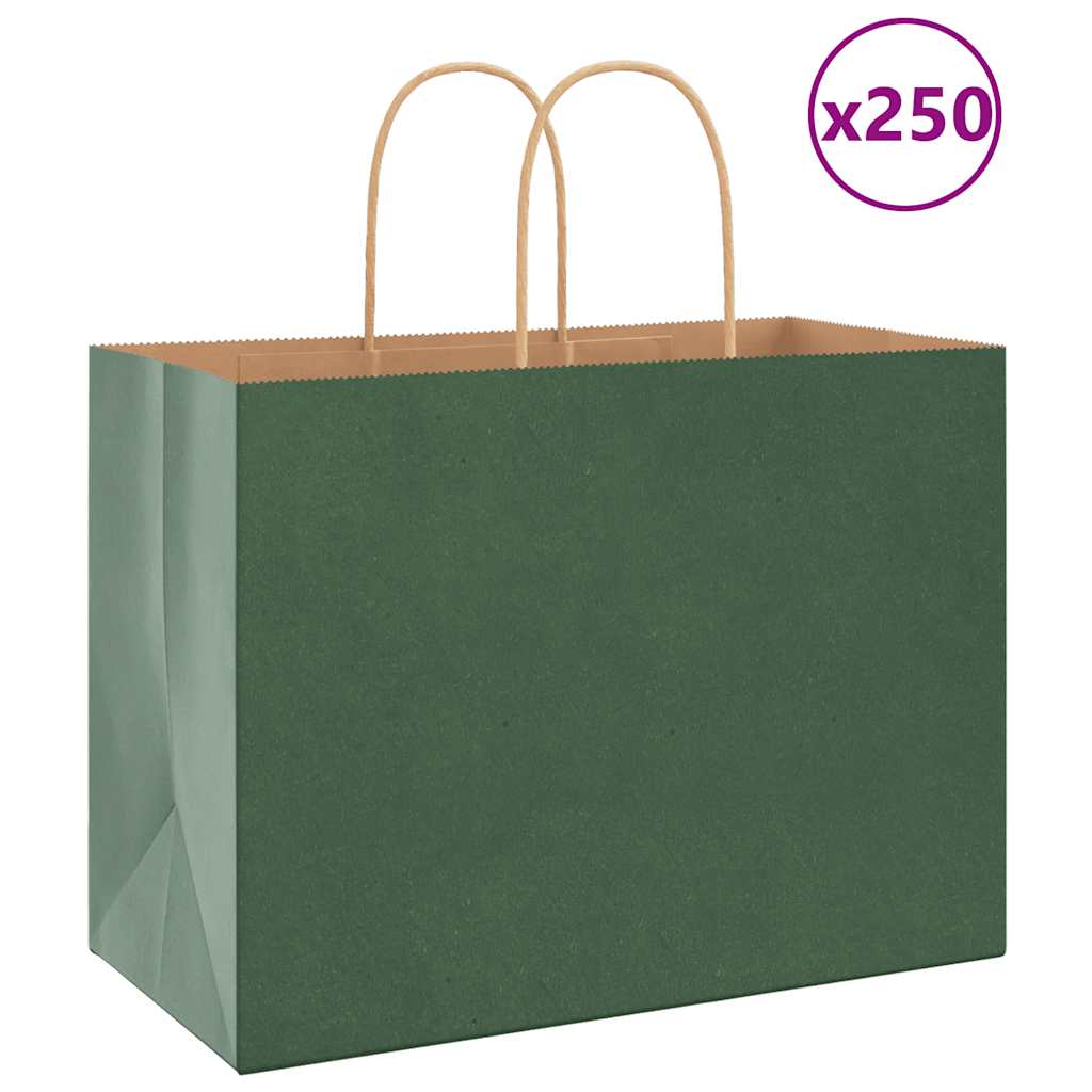Sacchetti di Carta 250 pz con Manici Verdi 32x17x25 cm