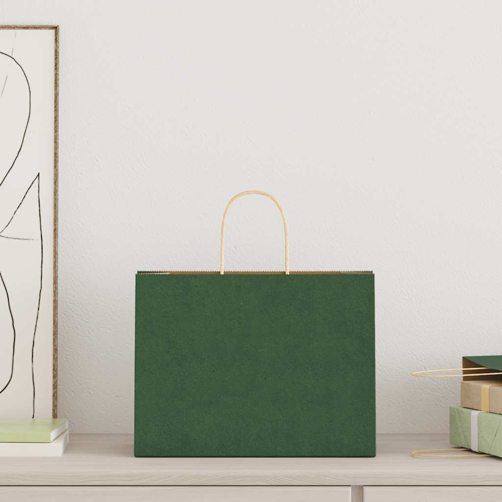 Sacchetti di Carta 250 pz con Manici Verdi 32x17x25 cm