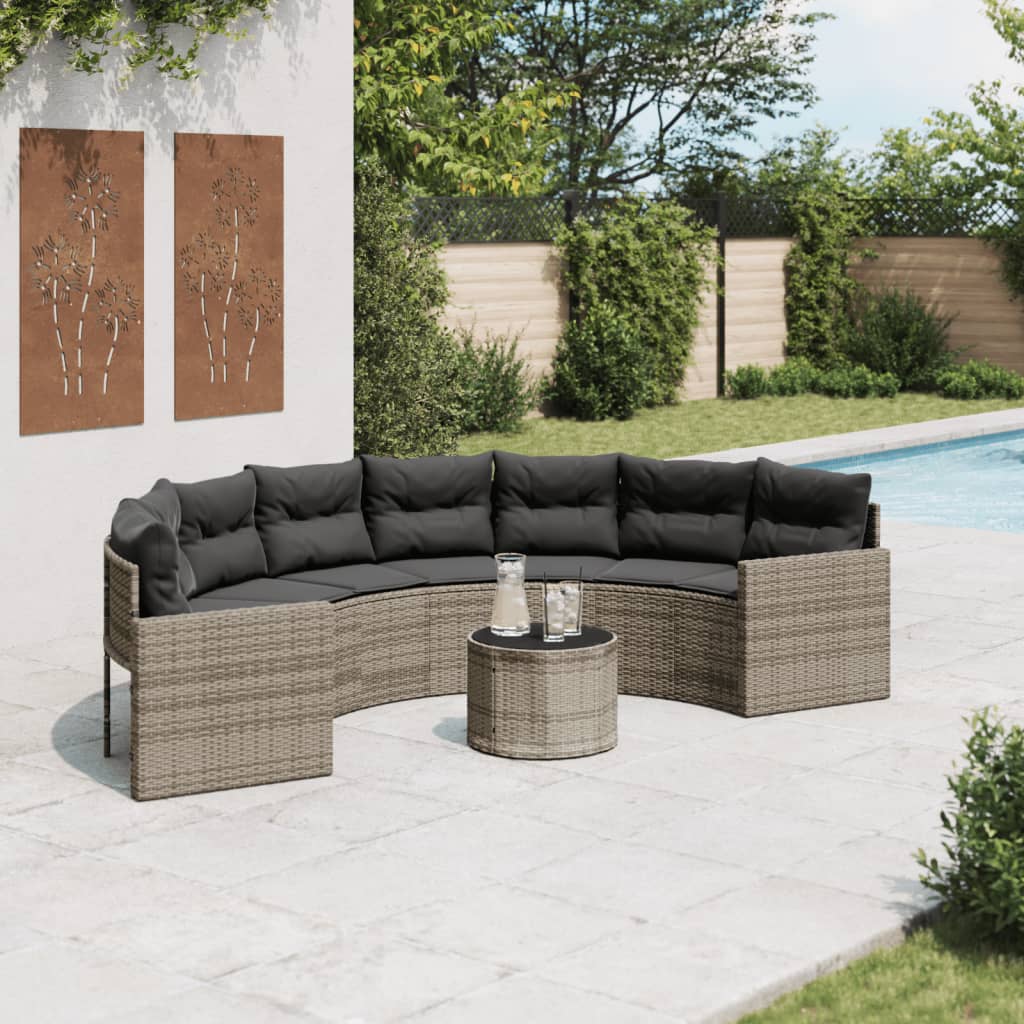 vidaXL Divano Giardino Tavolo Cuscini Semicircolare Grigio Polyrattan
