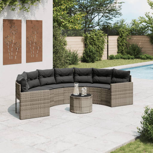 vidaXL Divano Giardino Tavolo Cuscini Semicircolare Grigio Polyrattan