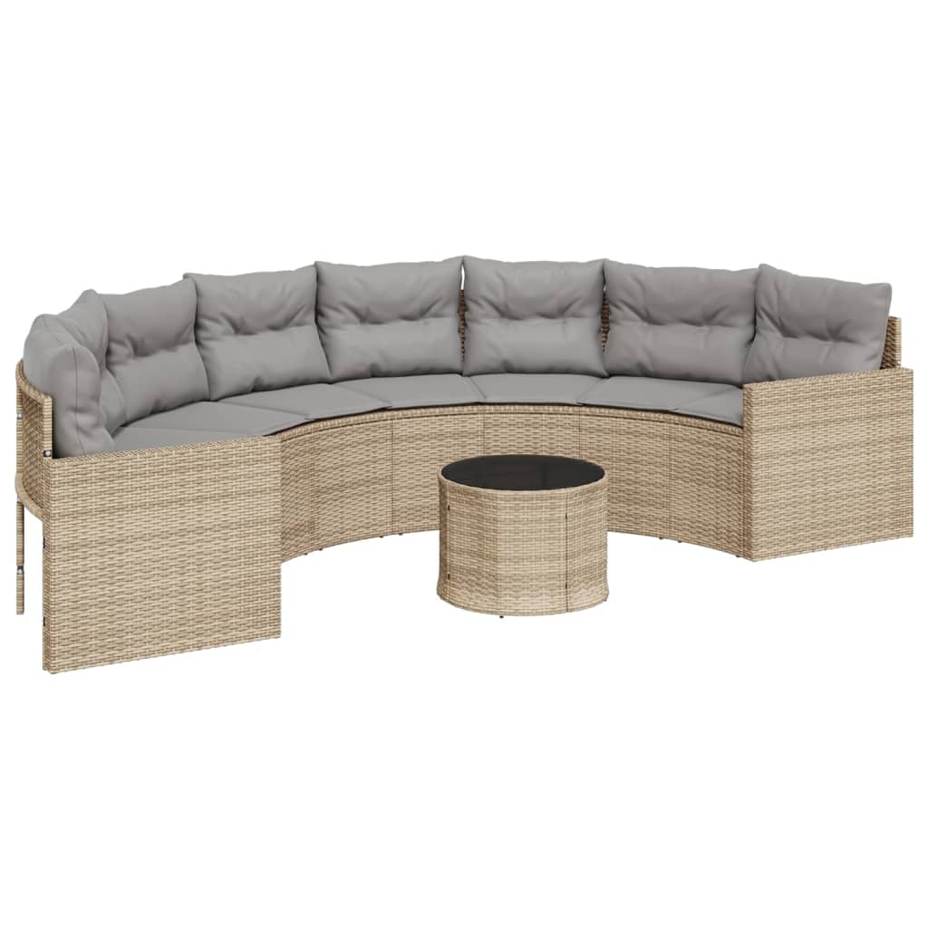 vidaXL Divano Giardino Tavolo e Cuscini Semicircolare Beige Polyrattan