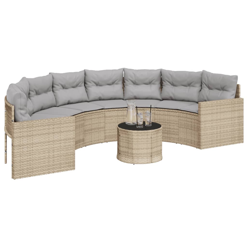 vidaXL Divano Giardino Tavolo e Cuscini Semicircolare Beige Polyrattan