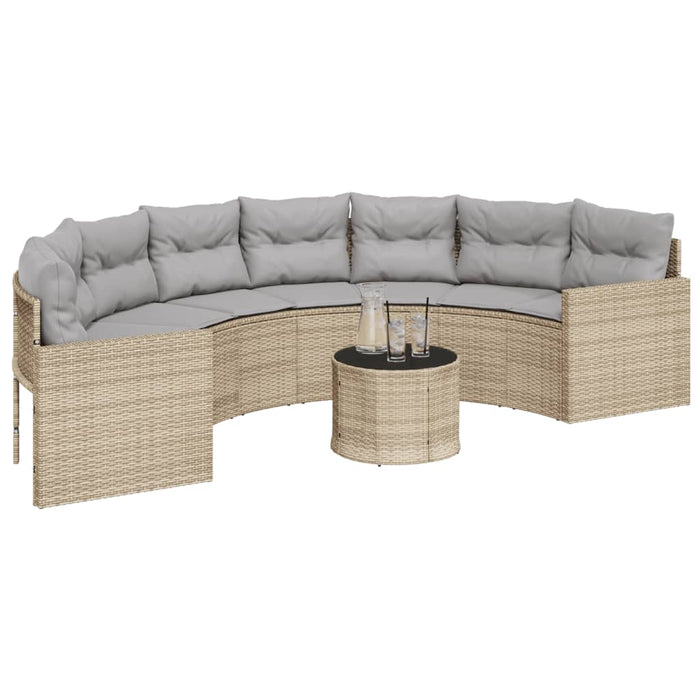 vidaXL Divano Giardino Tavolo e Cuscini Semicircolare Beige Polyrattan