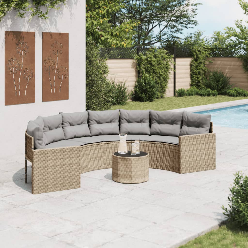 vidaXL Divano Giardino Tavolo e Cuscini Semicircolare Beige Polyrattan