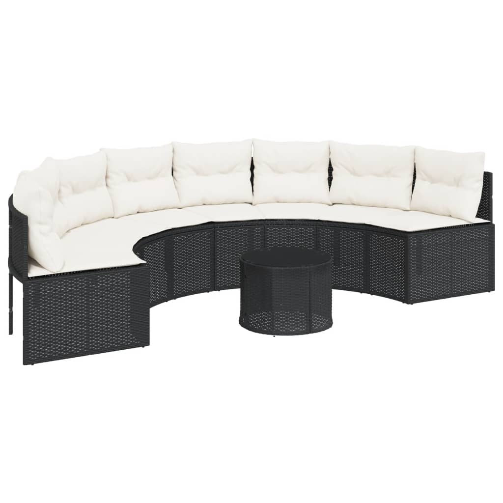 vidaXL Divano Giardino Tavolo e Cuscini Semicircolare Nero Polyrattan