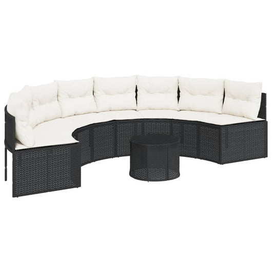 vidaXL Divano Giardino Tavolo e Cuscini Semicircolare Nero Polyrattan