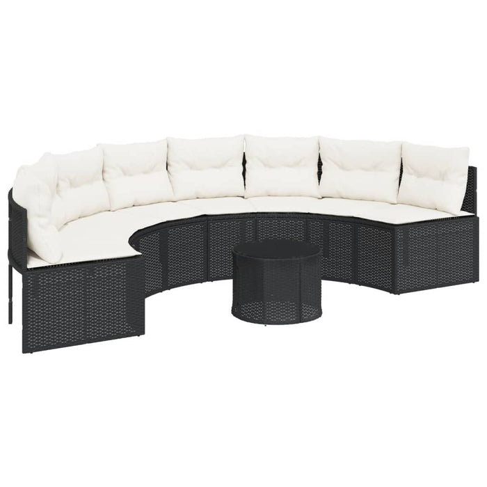 vidaXL Divano Giardino Tavolo e Cuscini Semicircolare Nero Polyrattan