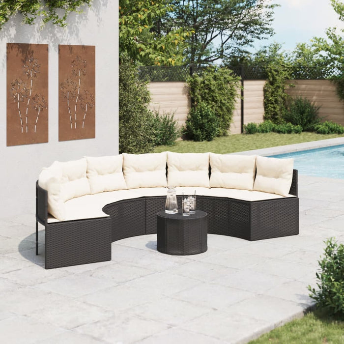 vidaXL Divano Giardino Tavolo e Cuscini Semicircolare Nero Polyrattan