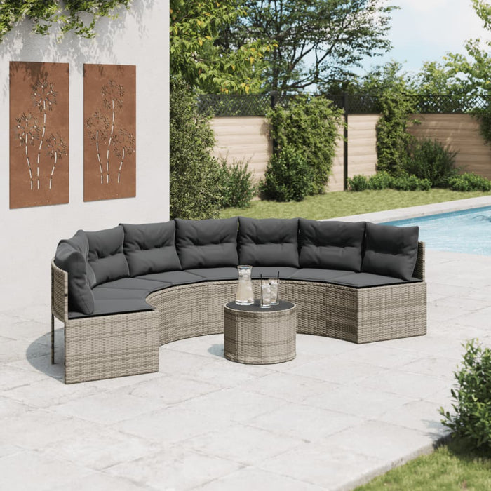 vidaXL Divano Giardino Tavolo Cuscini Semicircolare Grigio Polyrattan