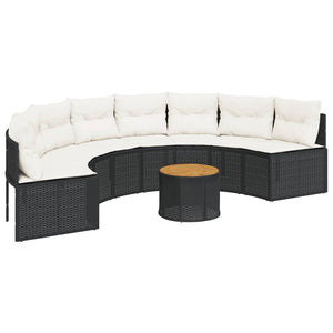 vidaXL Divano Giardino Tavolo e Cuscini Semicircolare Nero Polyrattan