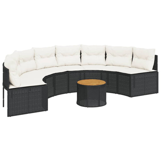 vidaXL Divano Giardino Tavolo e Cuscini Semicircolare Nero Polyrattan