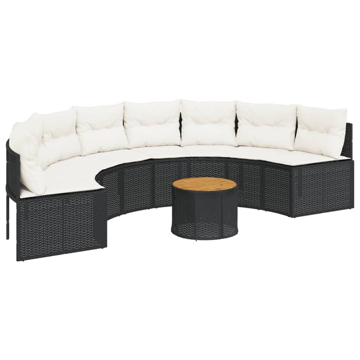 vidaXL Divano Giardino Tavolo e Cuscini Semicircolare Nero Polyrattan