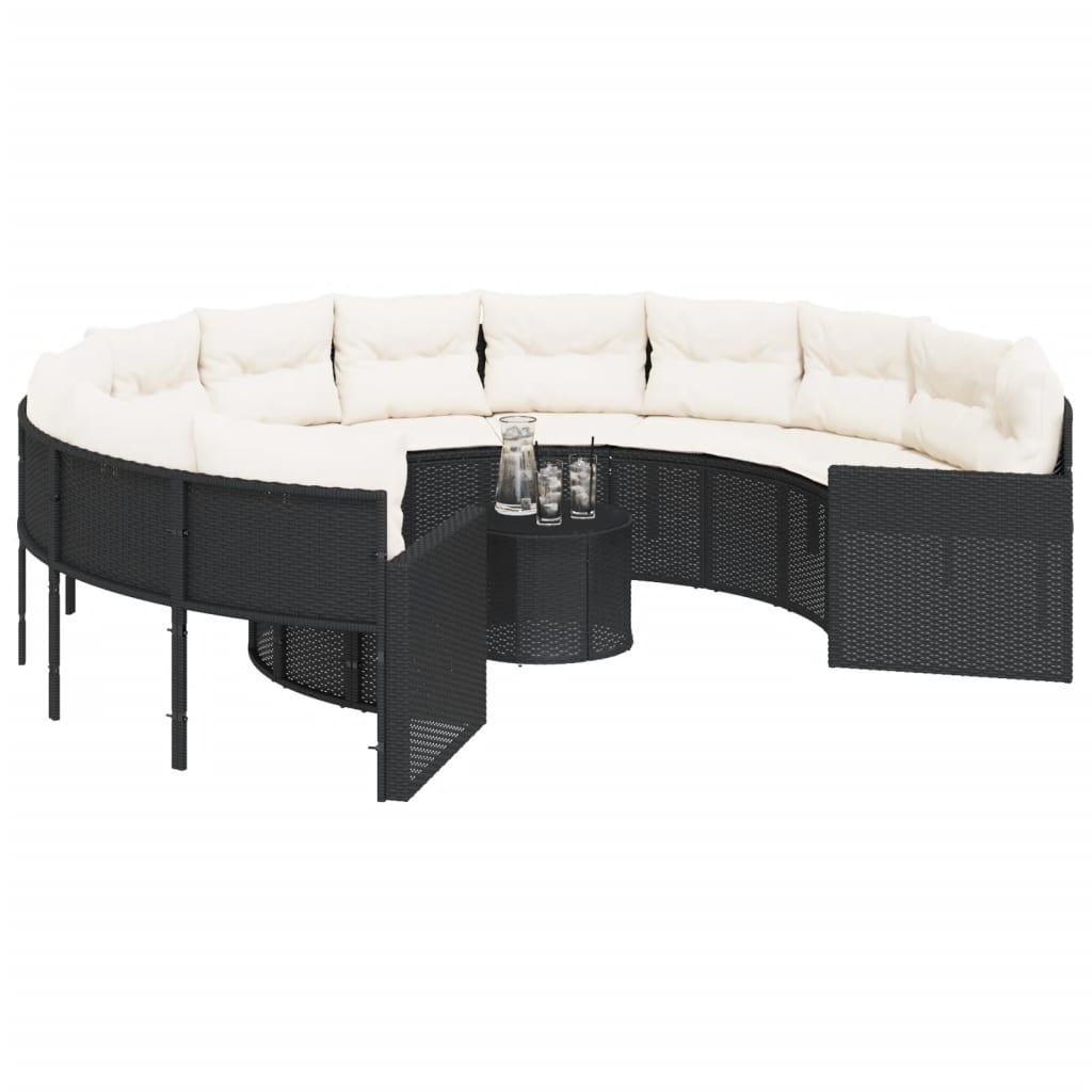 Divano Giardino con Tavolo e Cuscini Circolare Nero Polyrattan 3318535