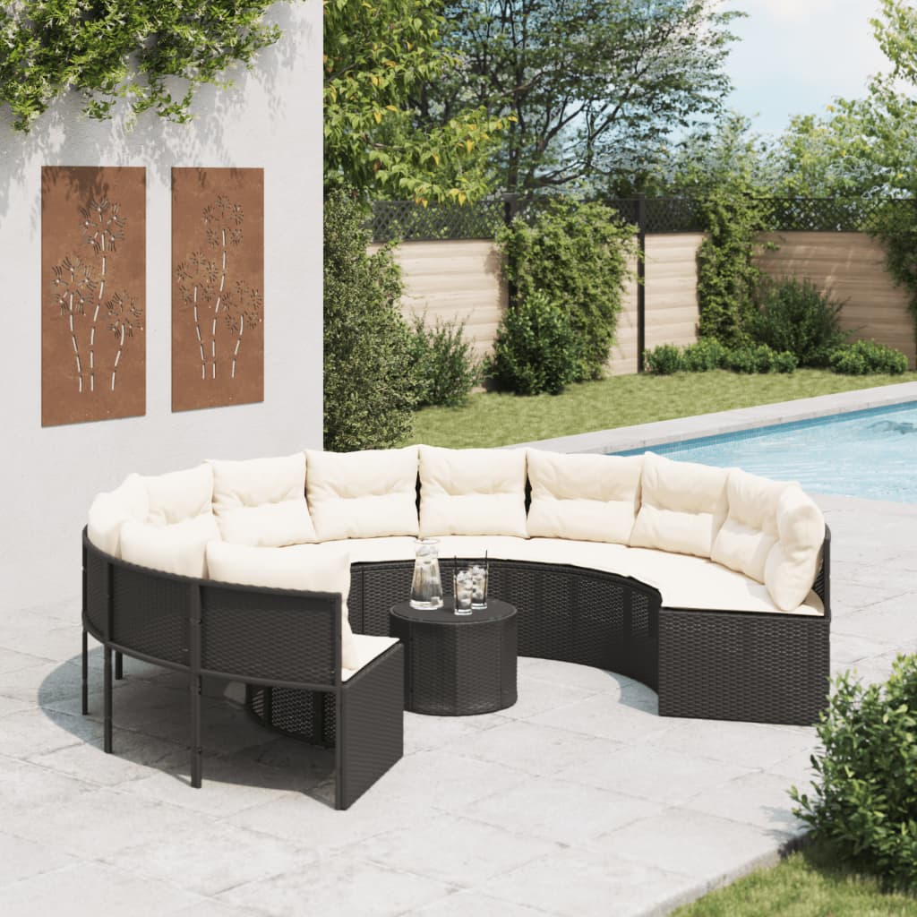 vidaXL Divano Giardino con Tavolo e Cuscini Circolare Nero Polyrattan