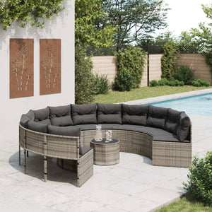 vidaXL Divano da Giardino Tavolo e Cuscini Circolare Grigio Polyrattan