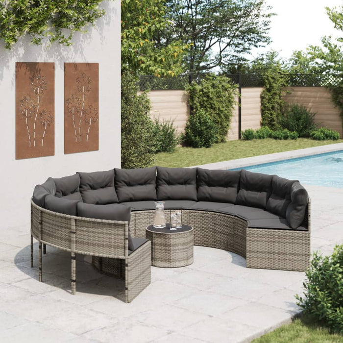 vidaXL Divano da Giardino Tavolo e Cuscini Circolare Grigio Polyrattan