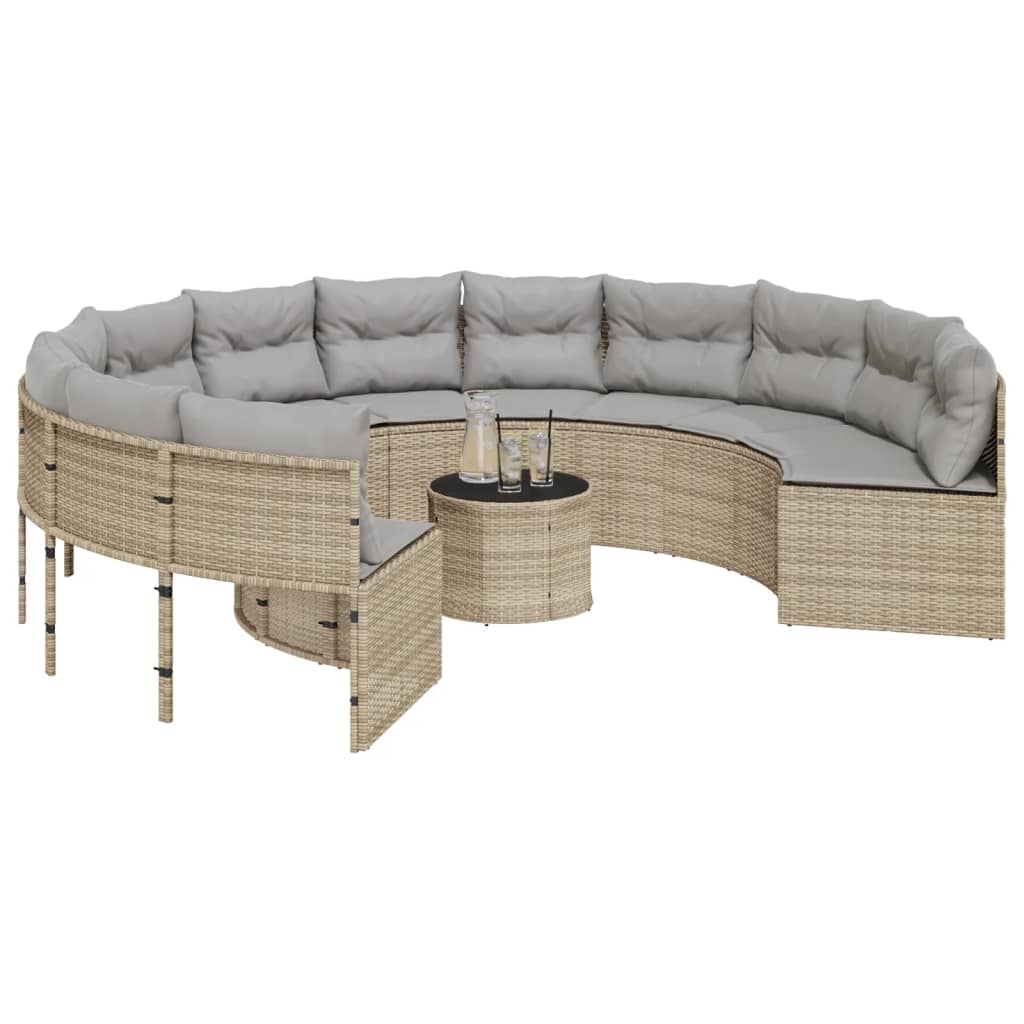 vidaXL Divano Giardino con Tavolo e Cuscini Circolare Beige Polyrattan