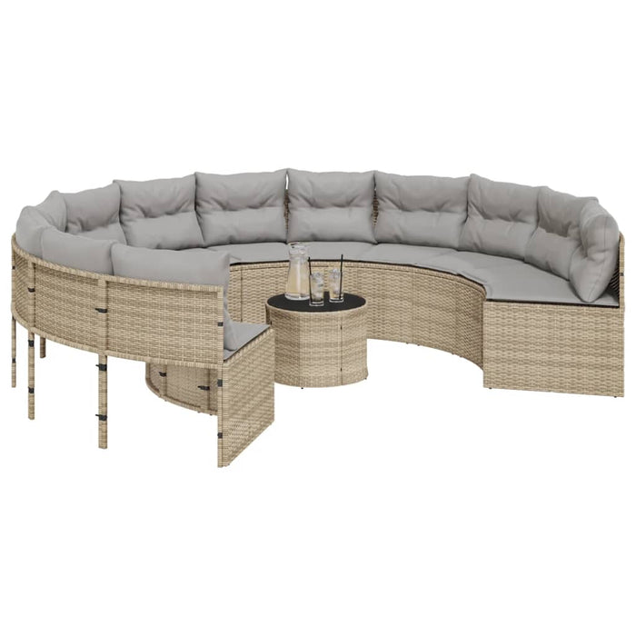 vidaXL Divano Giardino con Tavolo e Cuscini Circolare Beige Polyrattan