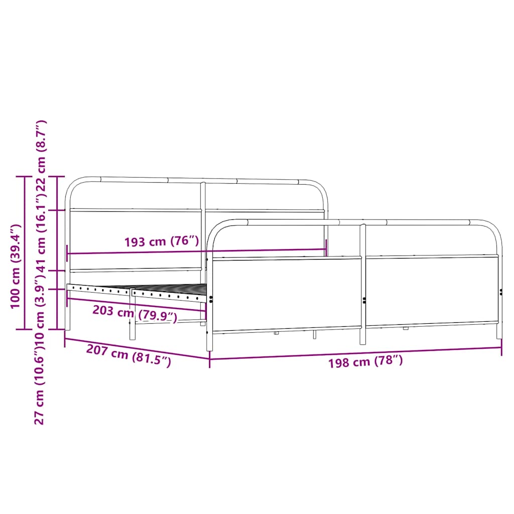 vidaXL Giroletto senza Materaso in Metallo Rovere Fumo 193x203 cm