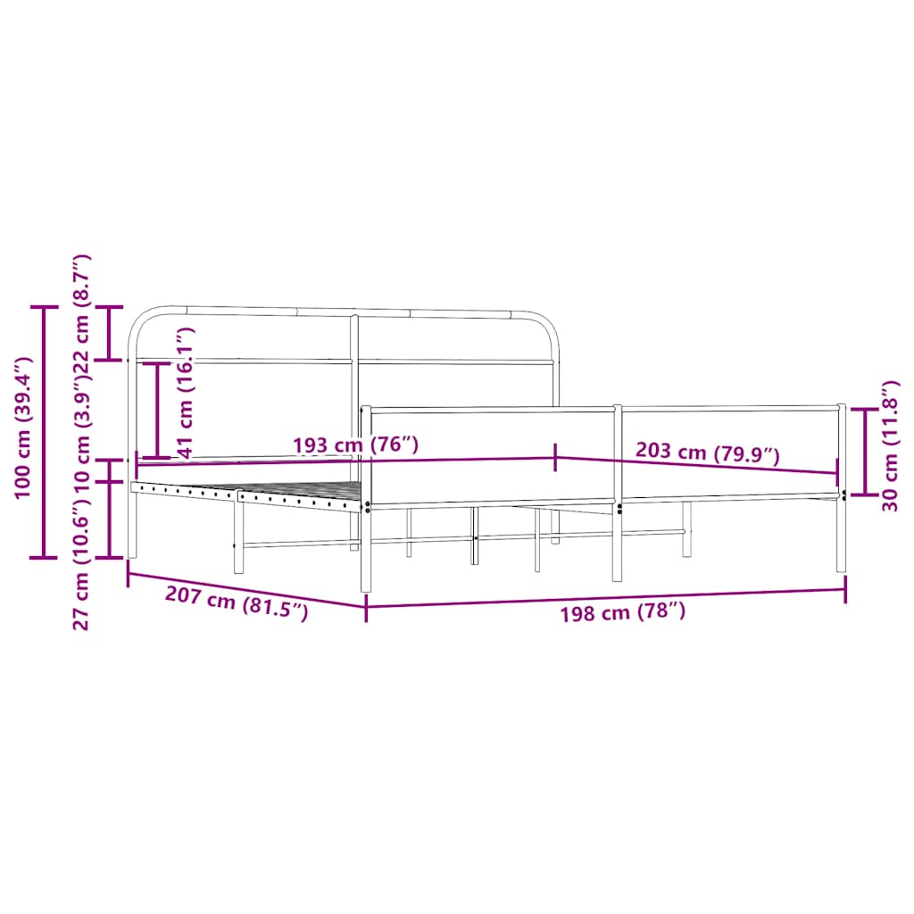 vidaXL Giroletto senza Materaso in Metallo Rovere Fumo 193x203 cm