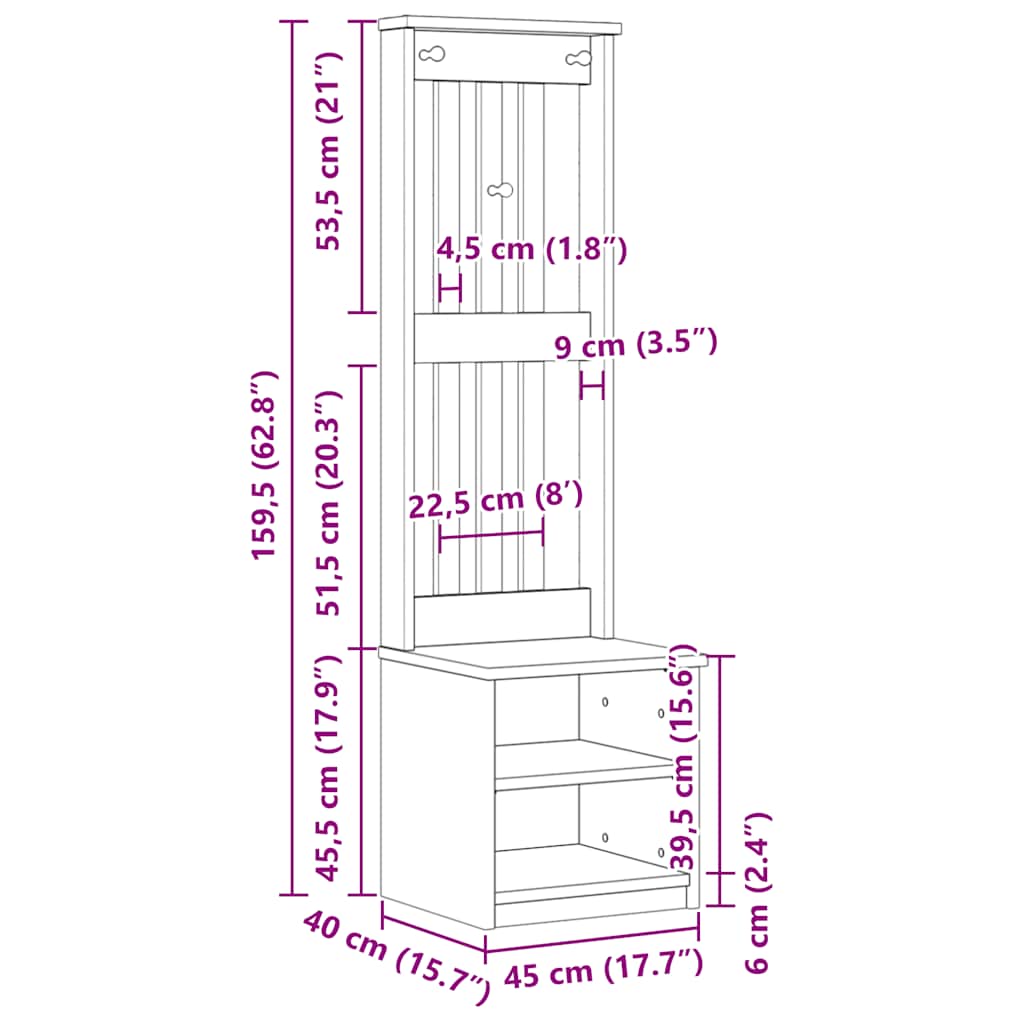 vidaXL Albero da Ingresso SANDNES 45x40x159,5 cm in Legno di Pino