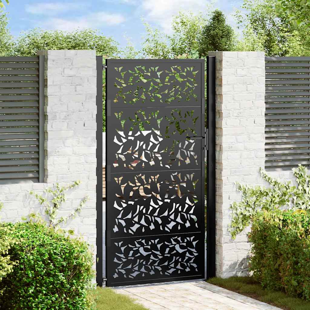 Cancello Giardino Nero 105x180 cm in Acciaio Design a Foglia