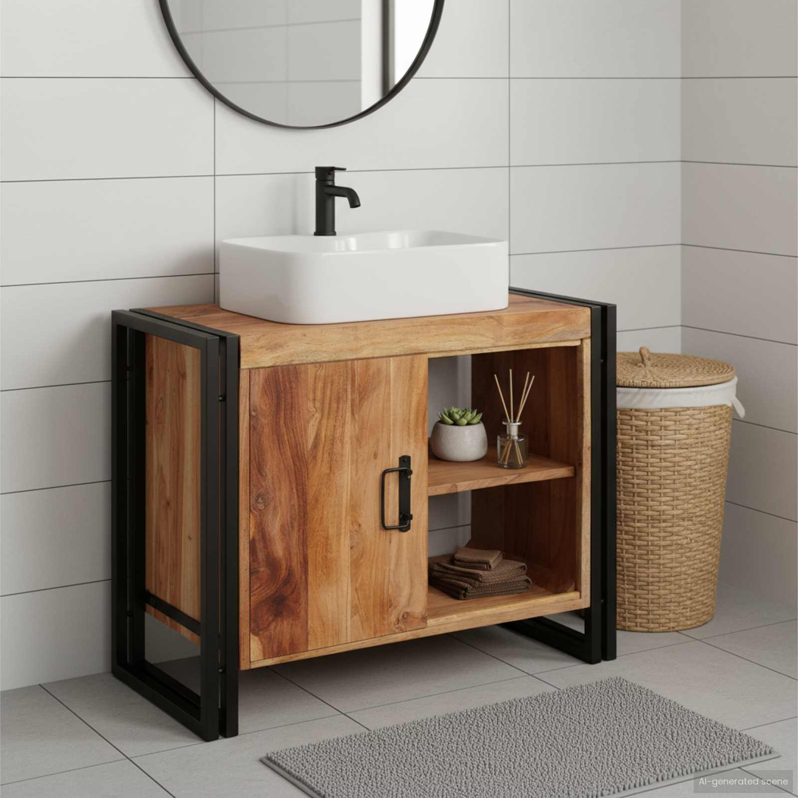 Mobile sottolavabo con porta Legno massello di acacia e ferro-Armadietto da bagno