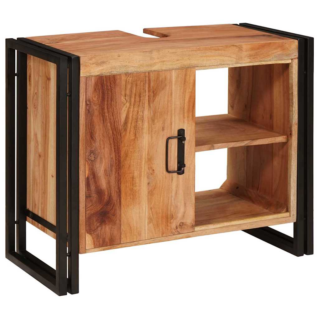 Mobile sottolavabo con porta Legno massello di acacia e ferro-Armadietto da bagno