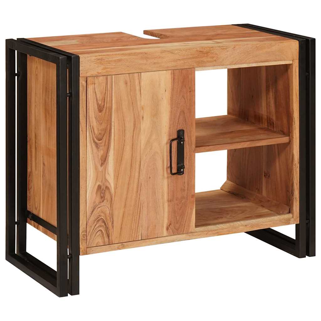 Mobile sottolavabo con porta Legno massello di acacia e ferro-Armadietto da bagno
