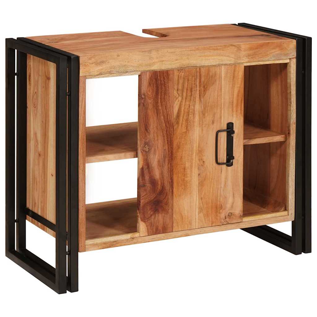 Mobile sottolavabo con porta Legno massello di acacia e ferro-Armadietto da bagno