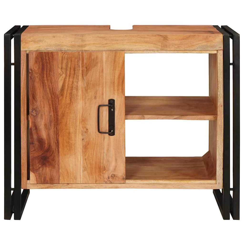 Mobile sottolavabo con porta Legno massello di acacia e ferro-Armadietto da bagno