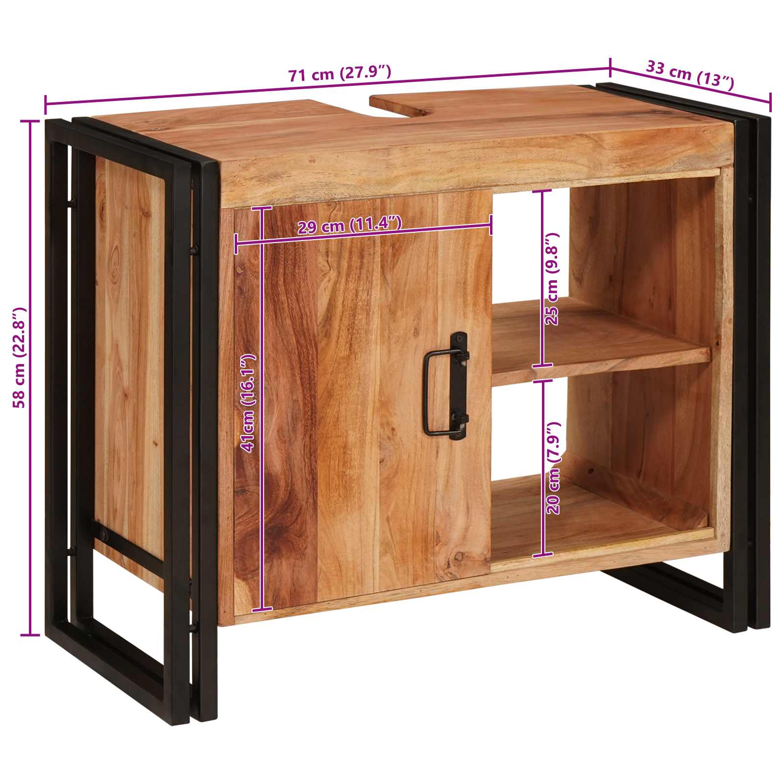 Mobile sottolavabo con porta Legno massello di acacia e ferro 4102773