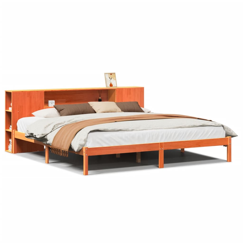 Letto Libreria senza Materasso-Struttura Letto con contenitore Marrone Cera 180x200 cm in Pino 186958