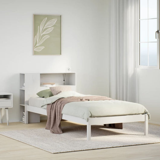Letto Libreria senza Materasso-Struttura Letto con contenitore Bianco 90x190 cm Massello Pino 705723