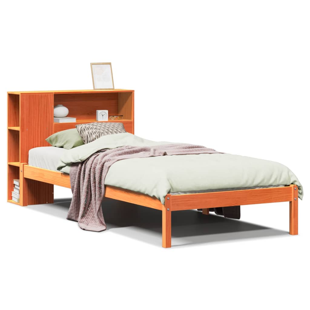 Letto Libreria senza Materasso-Struttura Letto con contenitore Marrone Cera 100x200 cm in Pino 893760