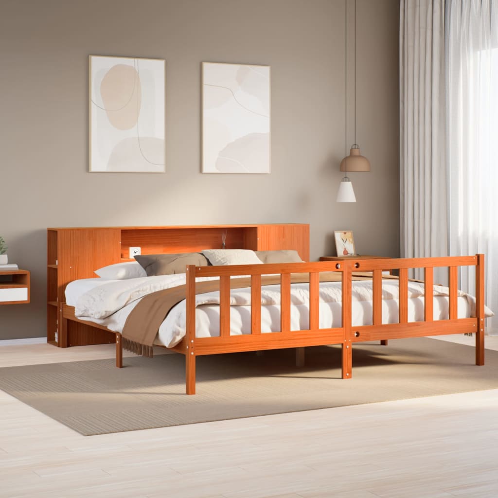Letto Libreria senza Materasso-Struttura Letto con contenitore Marrone Cera 200x200 cm in Pino 743057