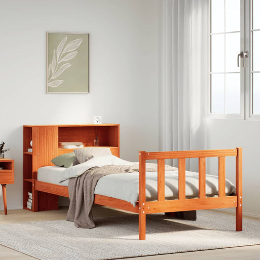 Letto Libreria senza Materasso-Struttura Letto con contenitore Marrone Cera 100x200 cm in Pino 676193