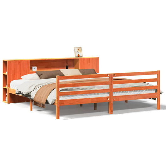 Letto Libreria senza Materasso-Struttura Letto con contenitore Marrone Cera 200x200 cm in Pino 178131