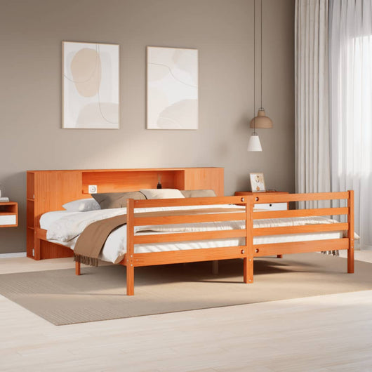 Letto Libreria senza Materasso-Struttura Letto con contenitore Marrone Cera 200x200 cm in Pino 178131