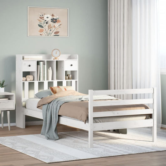 Letto Libreria senza Materasso-Struttura Letto con contenitore Bianca 90x200 cm Legno di Pino 627163